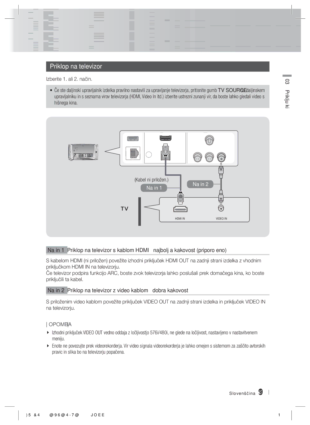 Samsung HT-ES6600/EN, HT-ES6200/EN manual Priklop na televizor, Način 