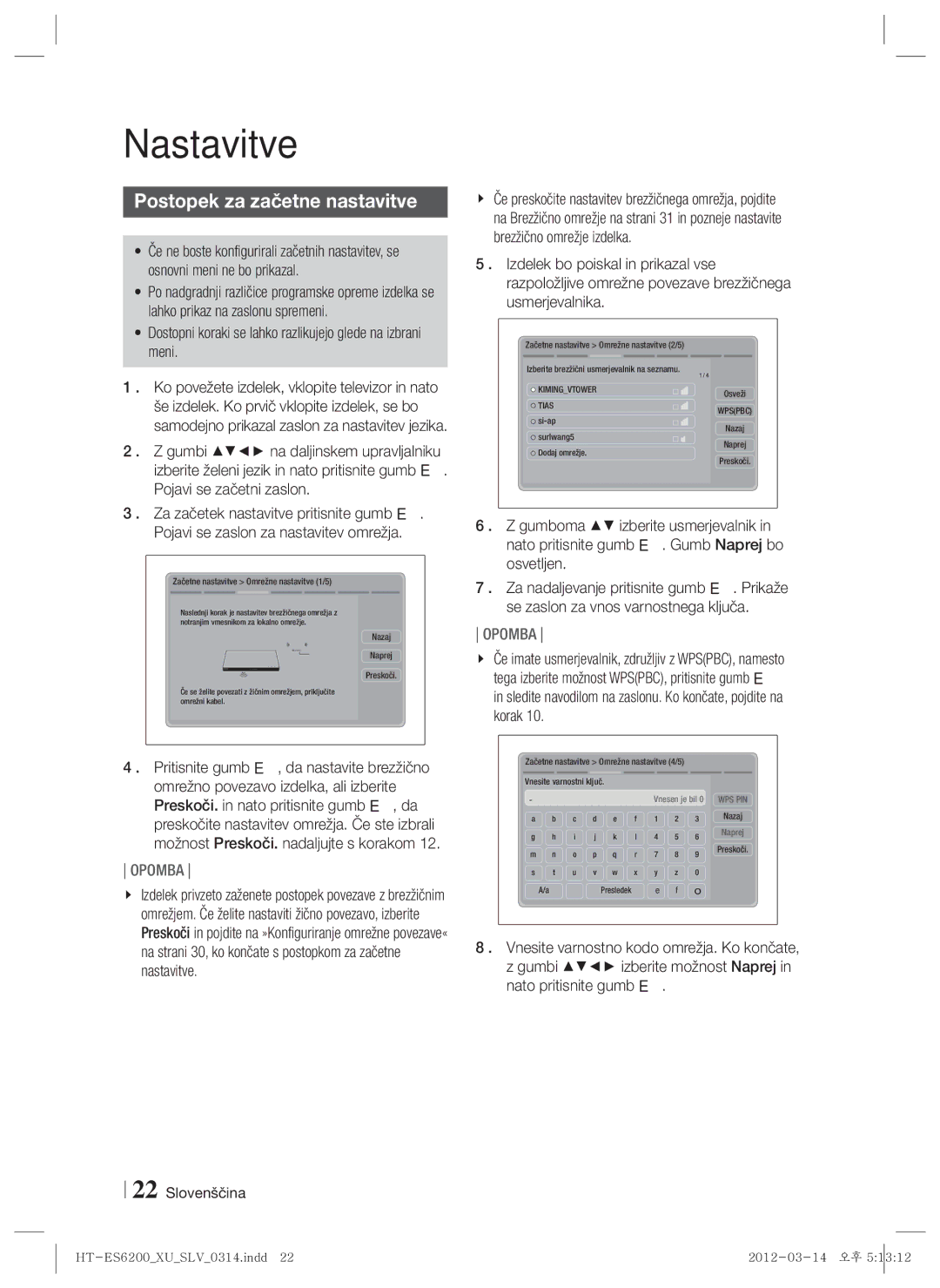 Samsung HT-ES6200/EN, HT-ES6600/EN manual Nastavitve, Postopek za začetne nastavitve 