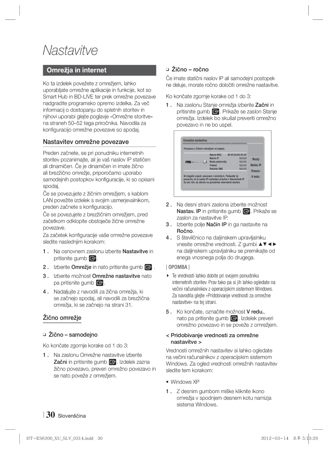 Samsung HT-ES6200/EN, HT-ES6600/EN manual Omrežja in internet, Nastavitev omrežne povezave, Žično omrežje, Žično ročno 