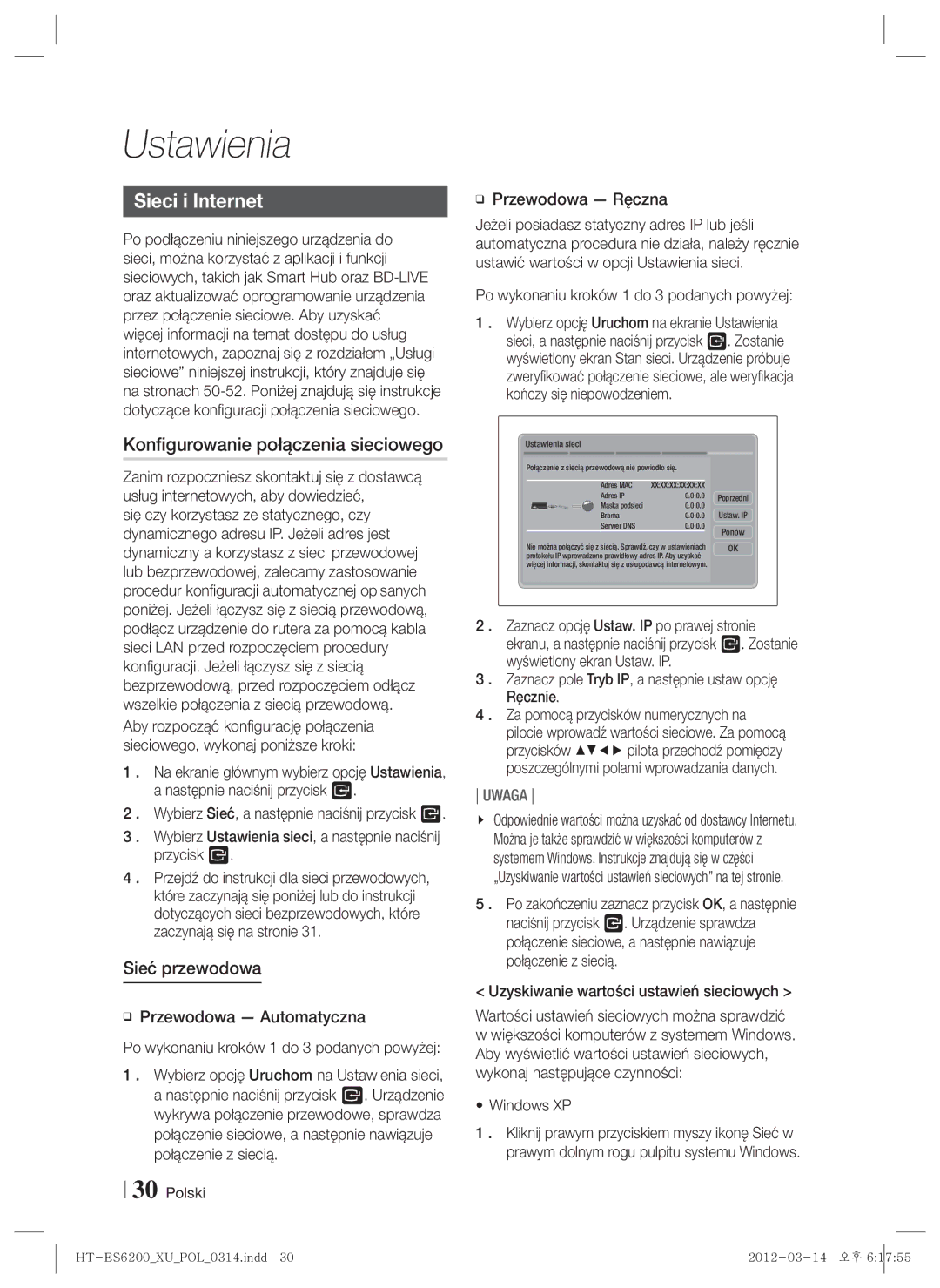 Samsung HT-ES6200/EN, HT-ES6600/EN manual Sieci i Internet, Konfigurowanie połączenia sieciowego, Sieć przewodowa 