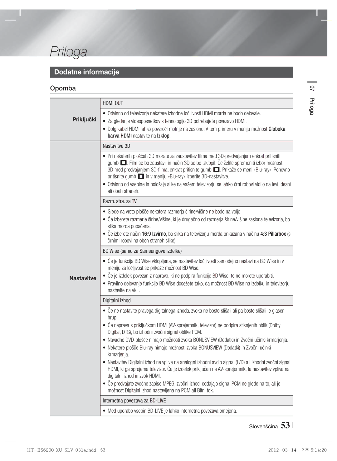 Samsung HT-ES6600/EN, HT-ES6200/EN manual Dodatne informacije, Opomba, Slovenščina Priloga 