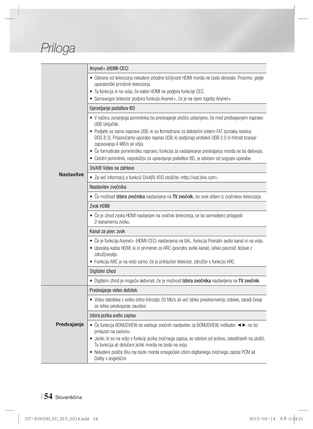 Samsung HT-ES6200/EN, HT-ES6600/EN manual Nastavitve 