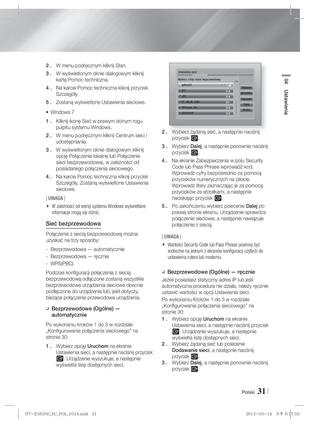 Samsung HT-ES6600/EN, HT-ES6200/EN manual Sieć bezprzewodowa, Menu podręcznym kliknij Centrum sieci i udostępniania, Wpspbc 