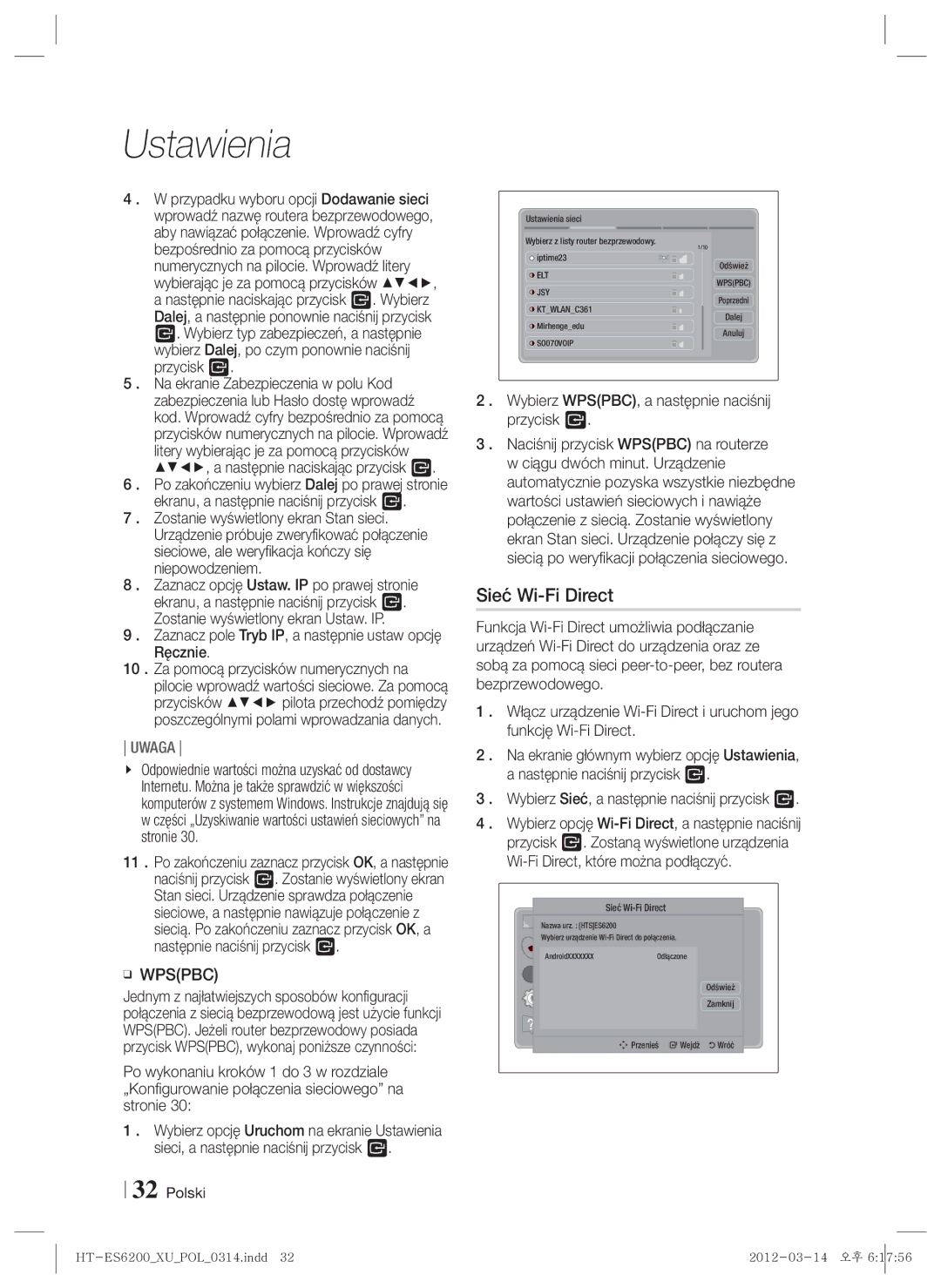 Samsung HT-ES6200/EN, HT-ES6600/EN manual Sieć Wi-Fi Direct, Wybierz WPSPBC, a następnie naciśnij przycisk E 