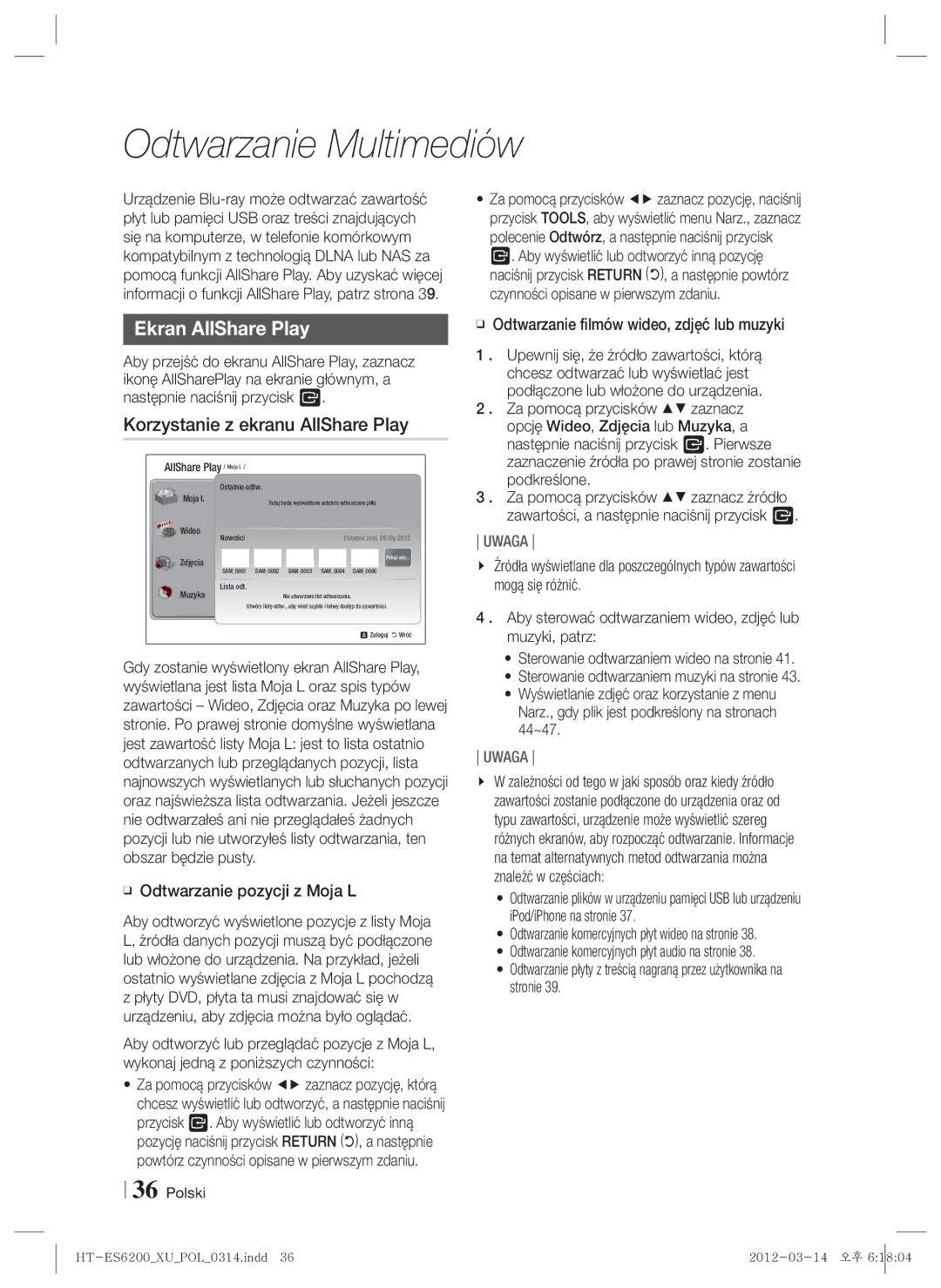 Samsung HT-ES6200/EN, HT-ES6600/EN manual Odtwarzanie Multimediów, Ekran AllShare Play, Korzystanie z ekranu AllShare Play 