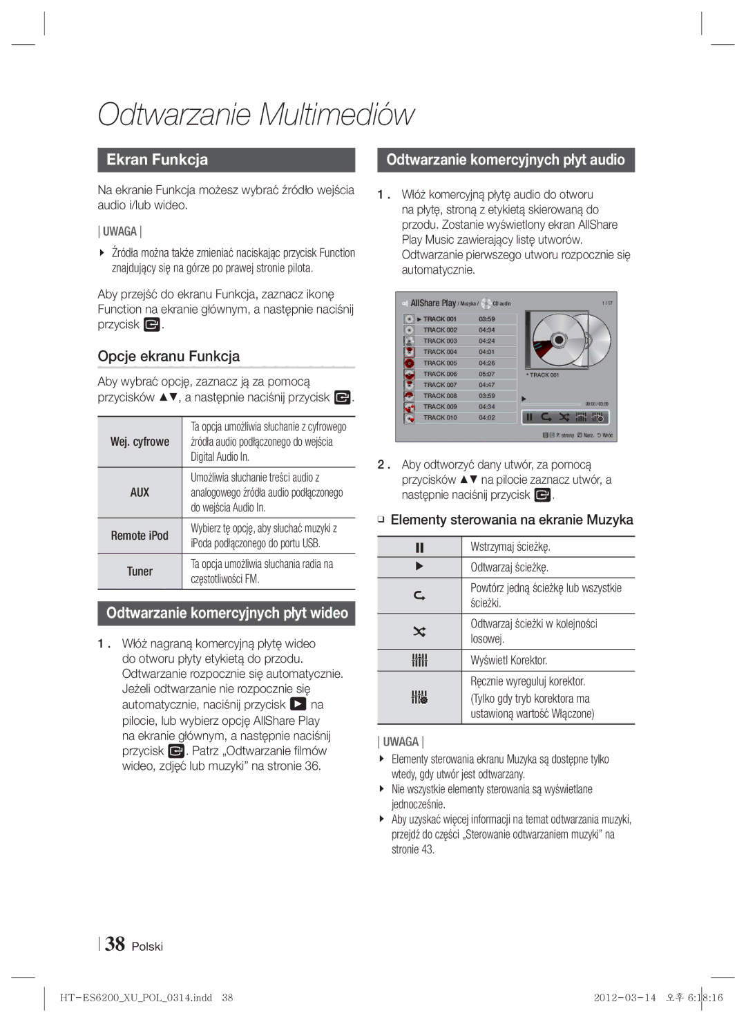 Samsung HT-ES6200/EN, HT-ES6600/EN manual Ekran Funkcja, Opcje ekranu Funkcja, Odtwarzanie komercyjnych płyt audio 