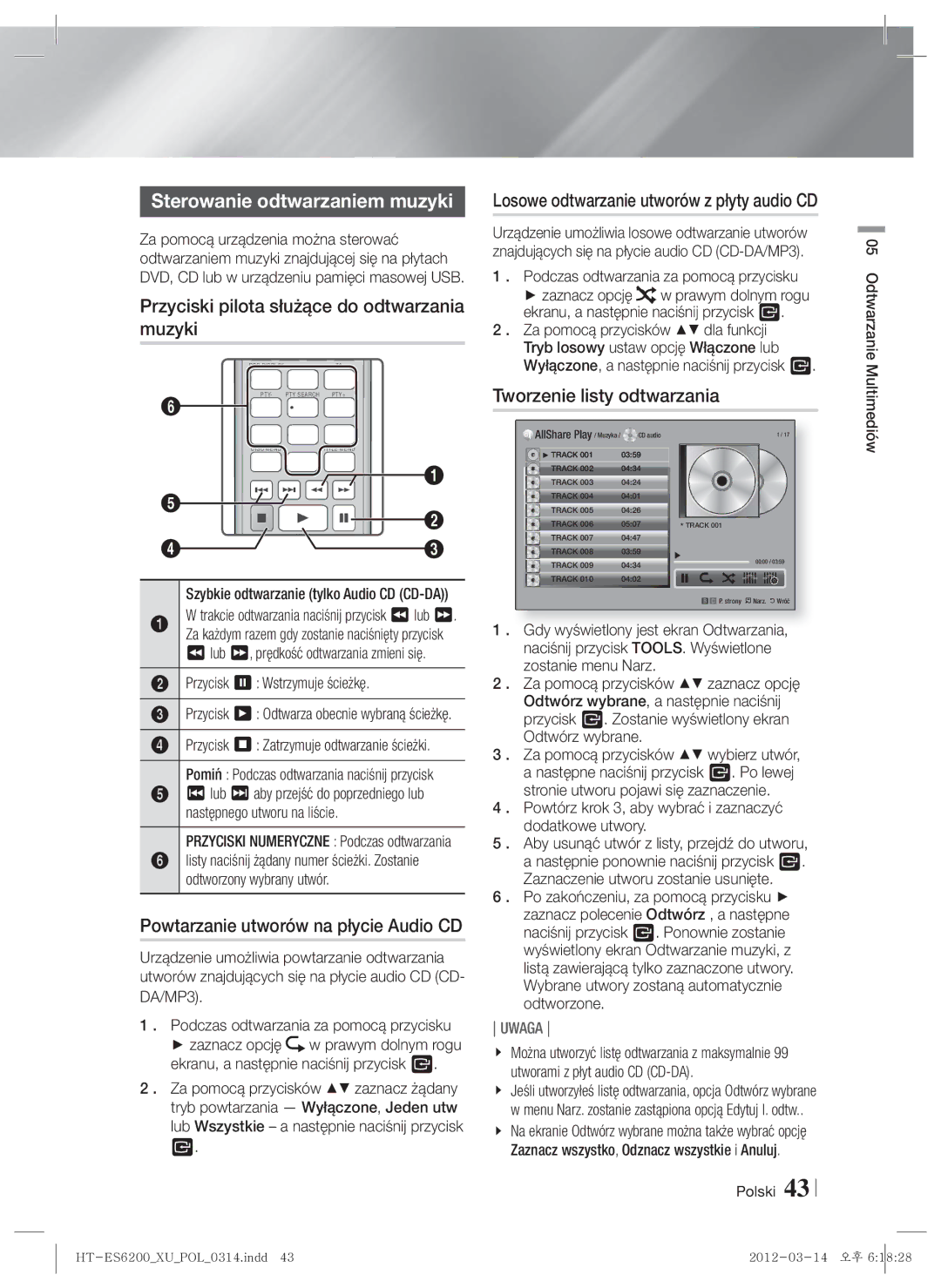 Samsung HT-ES6600/EN, HT-ES6200/EN manual Sterowanie odtwarzaniem muzyki, Przyciski pilota służące do odtwarzania muzyki 