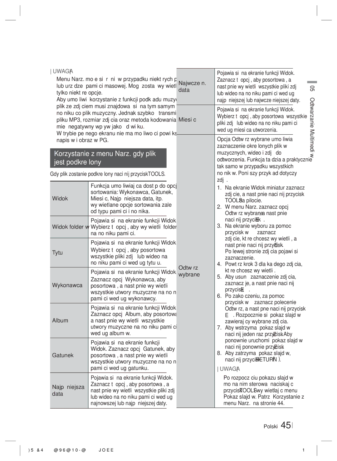 Samsung HT-ES6600/EN, HT-ES6200/EN manual Korzystanie z menu Narz. gdy plik Jest podkreślony 