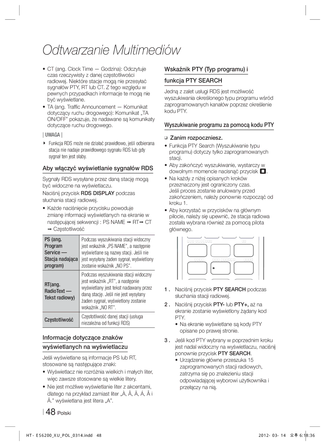 Samsung HT-ES6200/EN Aby włączyć wyświetlanie sygnałów RDS, Informacje dotyczące znaków Wyświetlanych na wyświetlaczu 