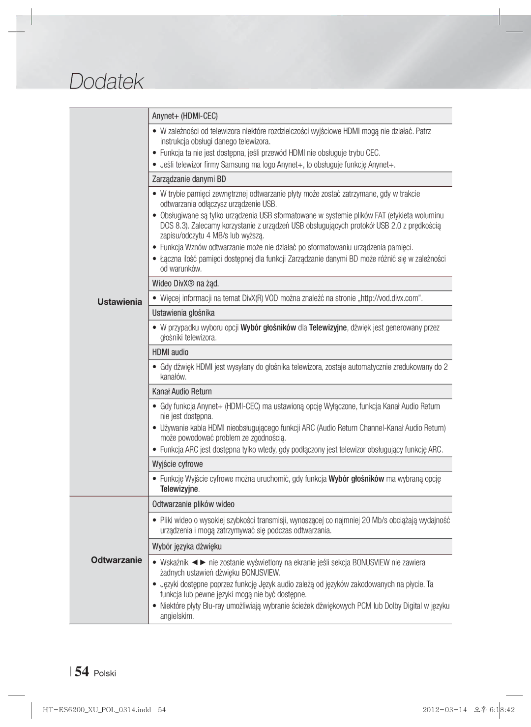 Samsung HT-ES6200/EN, HT-ES6600/EN manual Telewizyjne Odtwarzanie plików wideo, Wybór języka dźwięku 