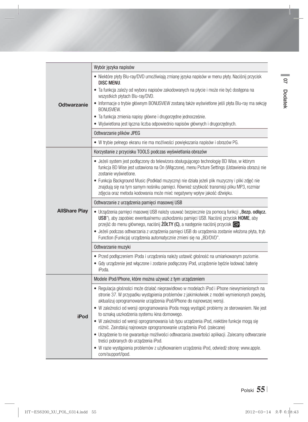 Samsung HT-ES6600/EN, HT-ES6200/EN manual IPod 