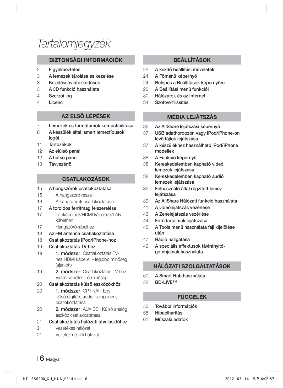 Samsung HT-ES6200/EN manual Tartalomjegyzék, Smart Hub használata, 53 További információk Hibaelhárítás 61 Mûszaki adatok 