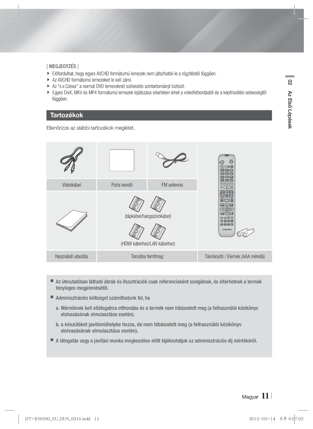 Samsung HT-ES6600/EN Tartozékok, Az Avchd formátumú lemezeket le kell zárni, Függően, Videókábel Puha kendő FM antenna 