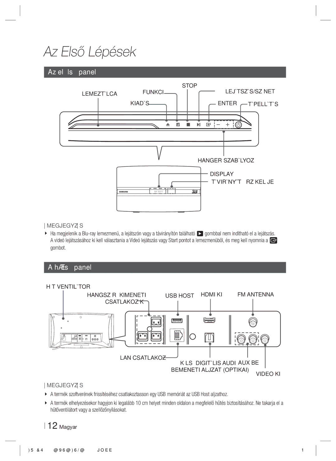 Samsung HT-ES6200/EN, HT-ES6600/EN manual Az elülső panel, Hátsó panel 