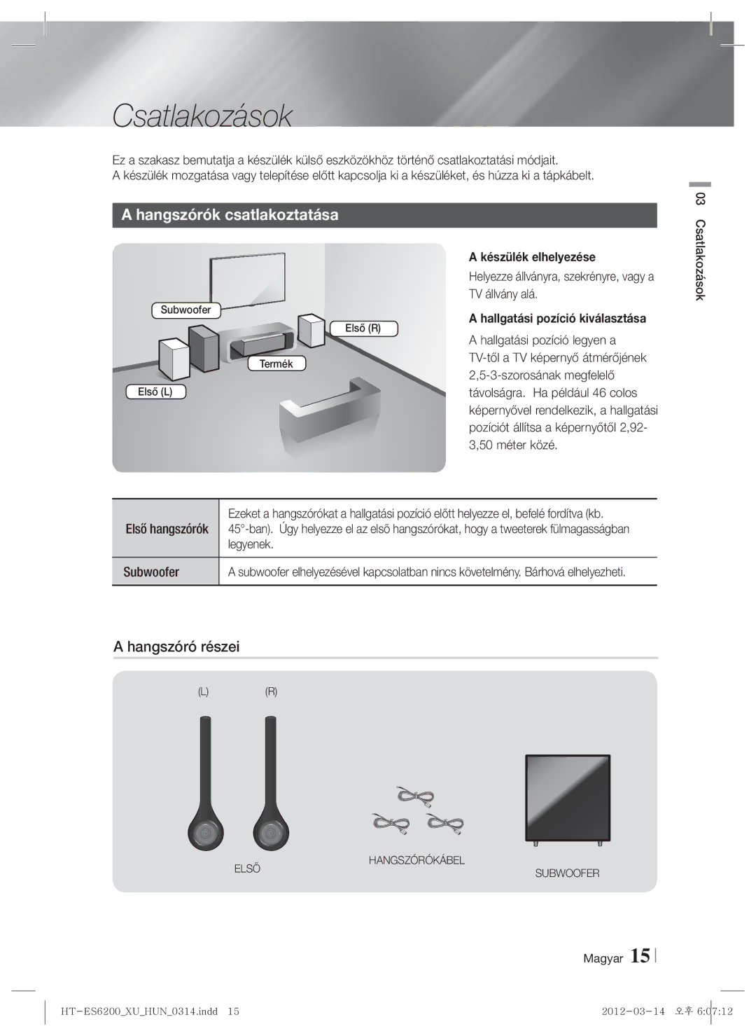 Samsung HT-ES6600/EN, HT-ES6200/EN manual Csatlakozások, Hangszórók csatlakoztatása, Hangszóró részei, Készülék elhelyezése 