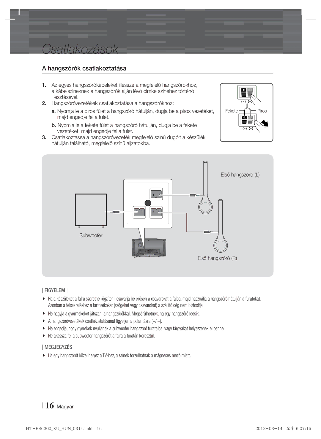 Samsung HT-ES6200/EN, HT-ES6600/EN manual Hangszórók csatlakoztatása, Első hangszóró R 