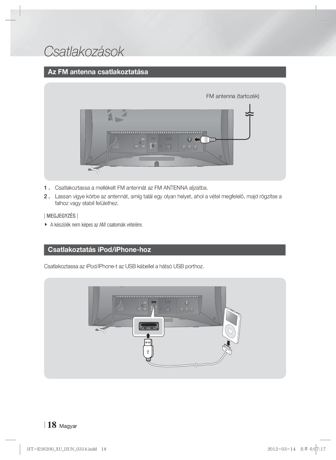 Samsung HT-ES6200/EN, HT-ES6600/EN manual Az FM antenna csatlakoztatása, Csatlakoztatás iPod/iPhone-hoz 