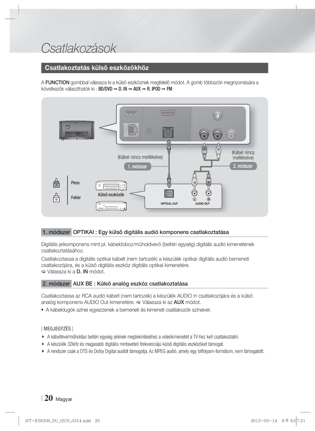 Samsung HT-ES6200/EN, HT-ES6600/EN manual Csatlakoztatás külső eszközökhöz, Piros Fehér, Külső eszközök 