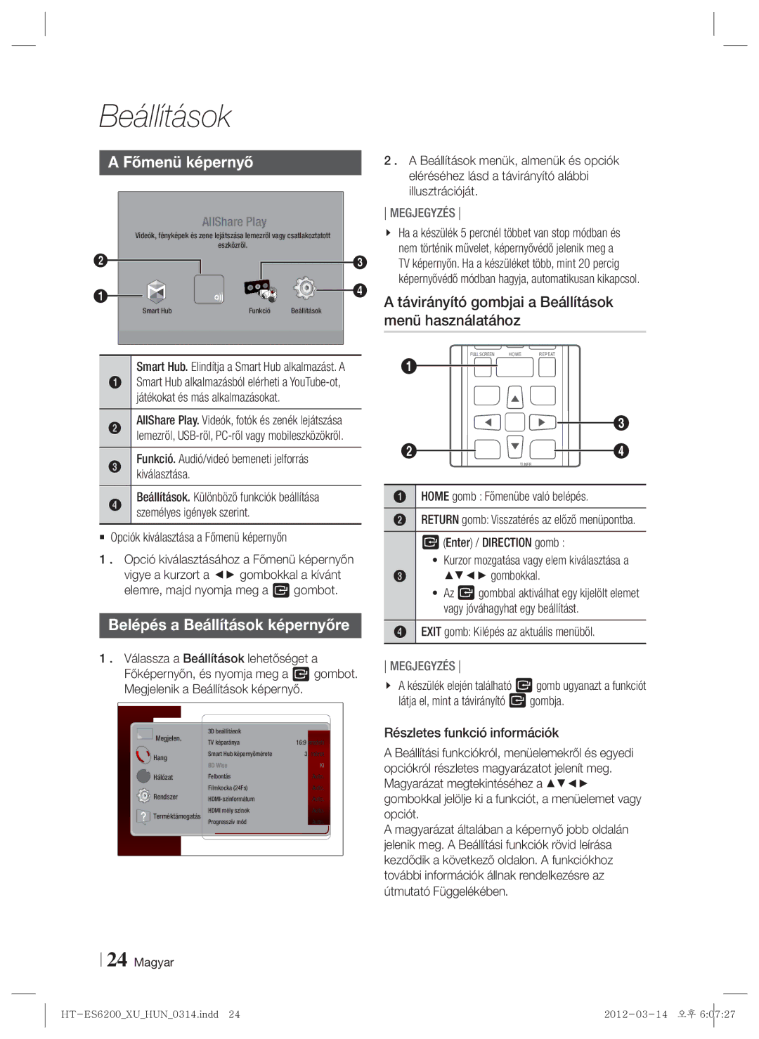 Samsung HT-ES6200/EN, HT-ES6600/EN manual Főmenü képernyő, Távirányító gombjai a Beállítások, Menü használatához 