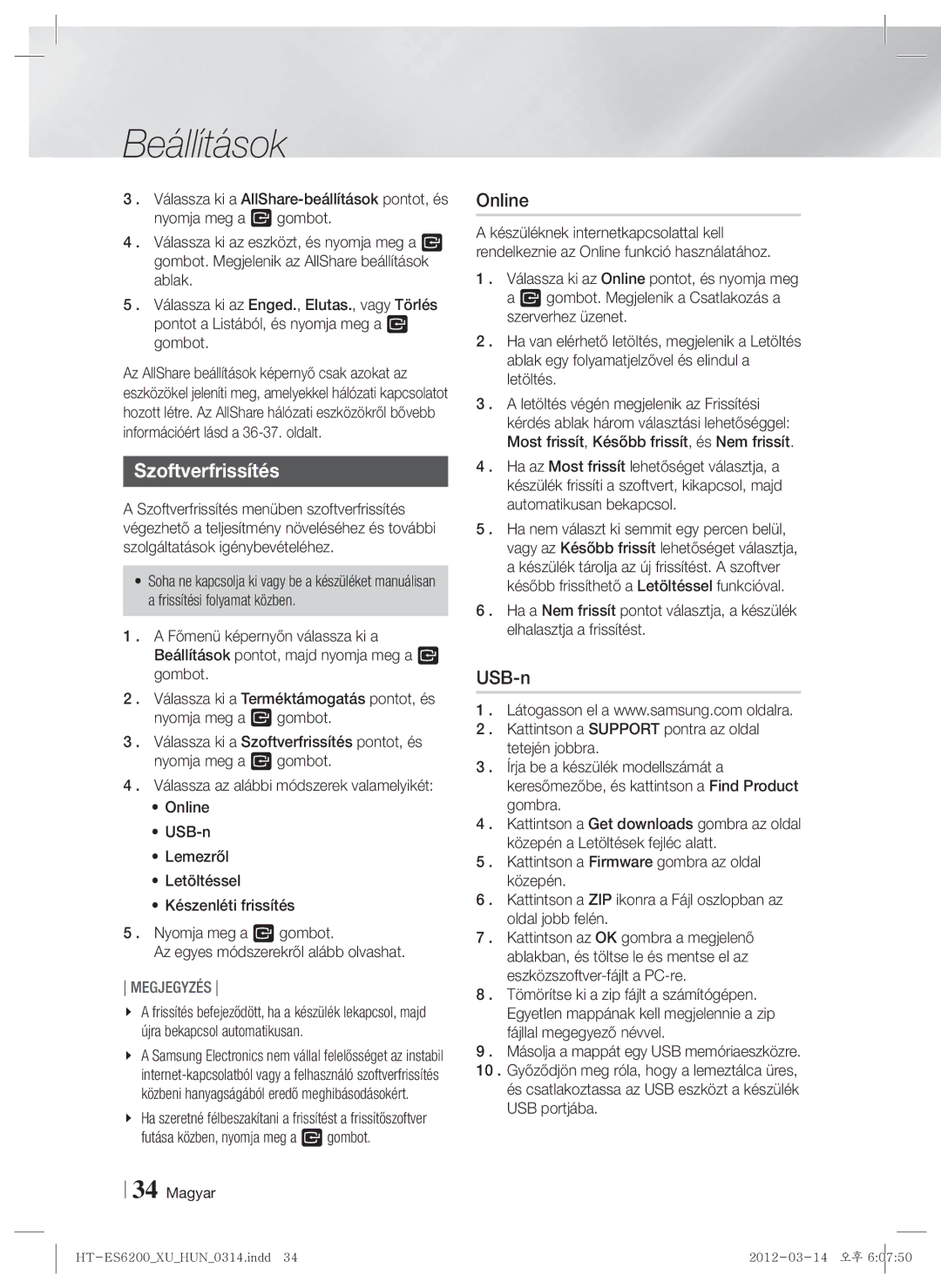 Samsung HT-ES6200/EN, HT-ES6600/EN manual Szoftverfrissítés, USB-n 