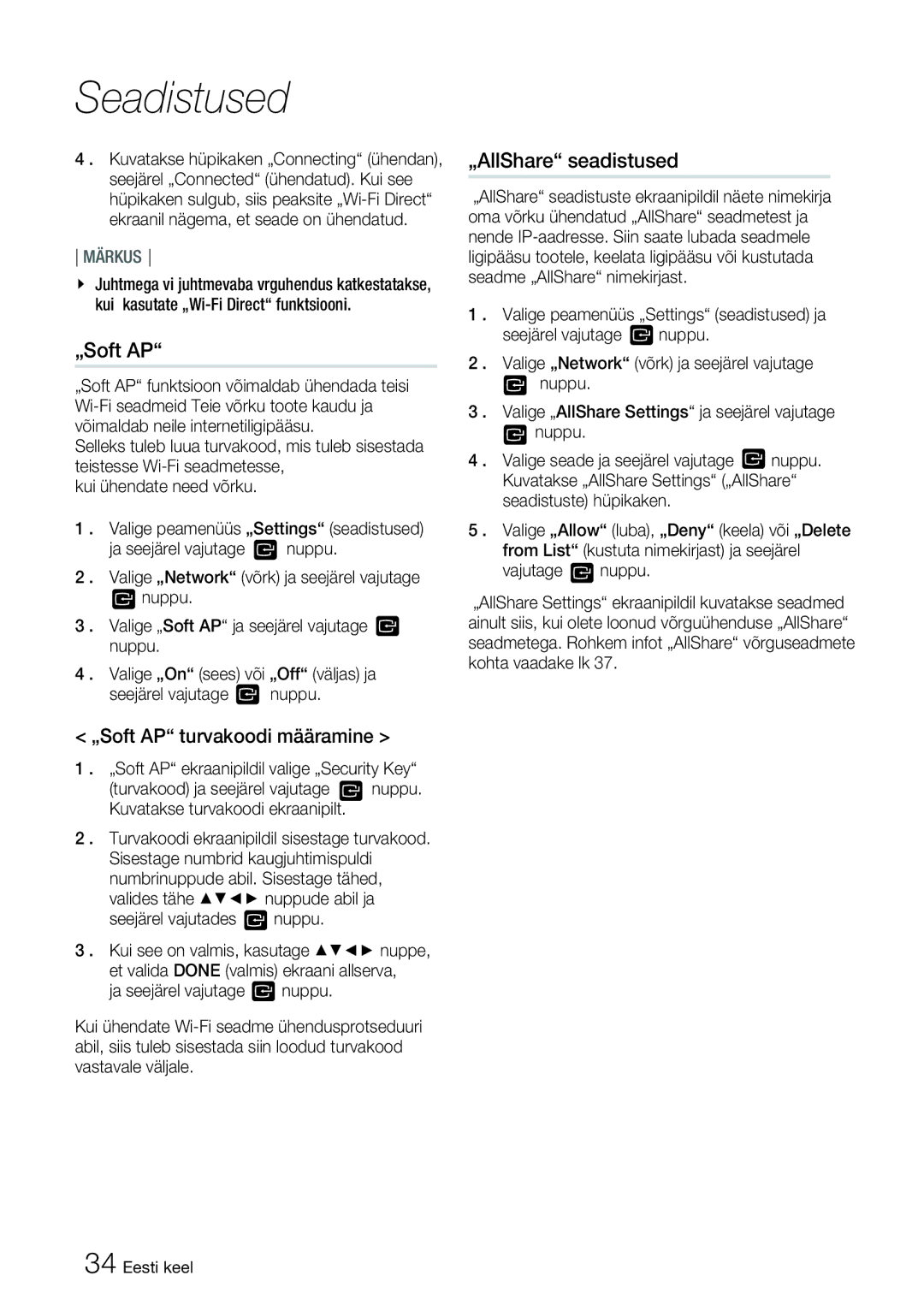 Samsung HT-ES6200/EN, HT-ES6600/EN manual „AllShare seadistused, „Soft AP turvakoodi määramine 