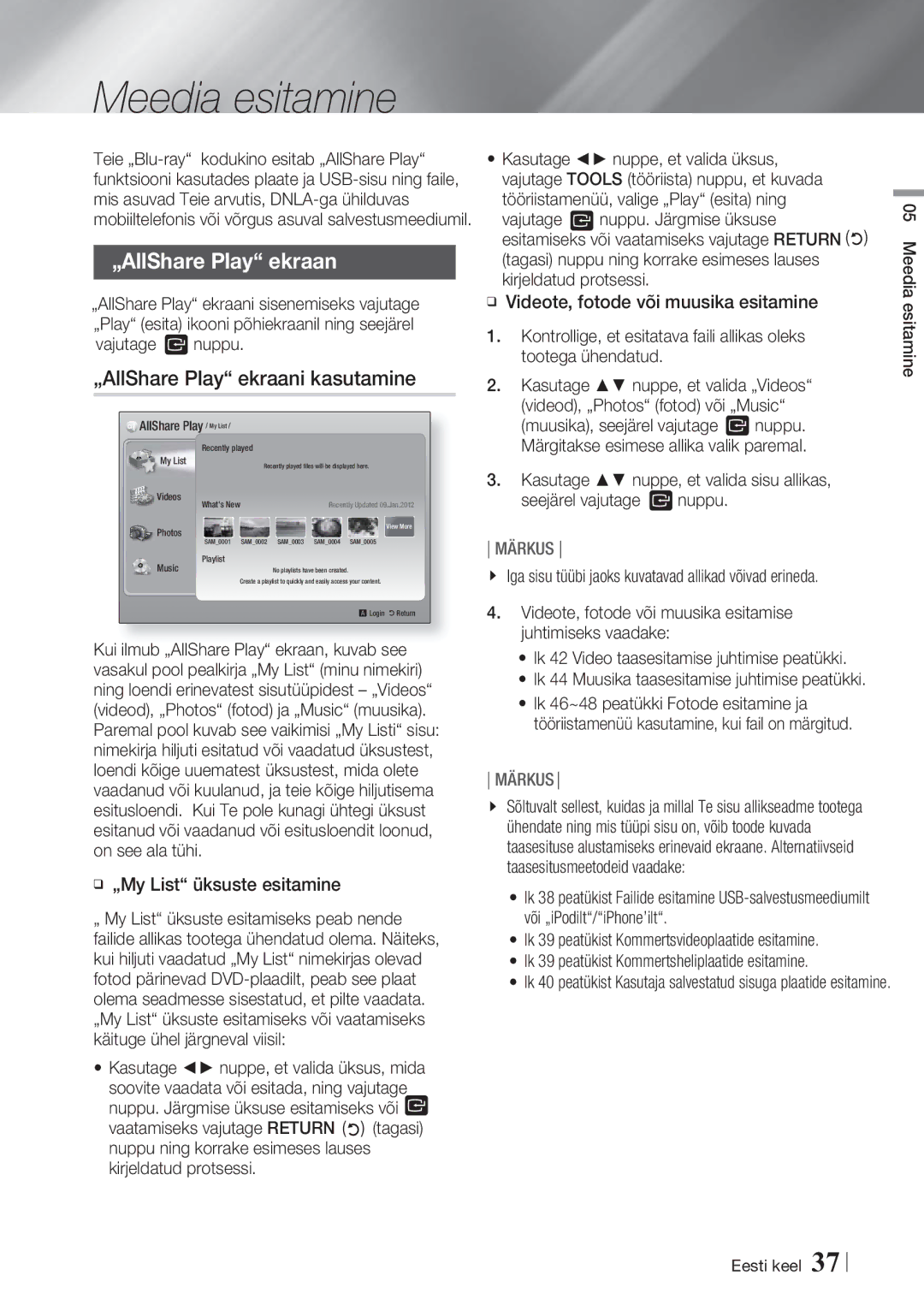 Samsung HT-ES6600/EN, HT-ES6200/EN manual Meedia esitamine, „AllShare Play ekraan 