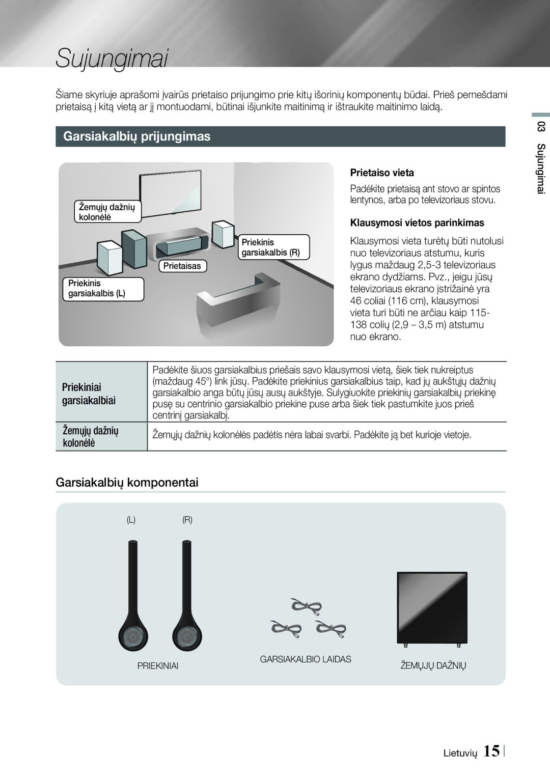 Samsung HT-ES6600/EN, HT-ES6200/EN manual Sujungimai, Garsiakalbių prijungimas, Garsiakalbių komponentai 