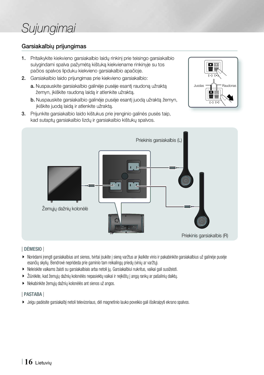 Samsung HT-ES6200/EN, HT-ES6600/EN manual Garsiakalbių prijungimas, Dėmesio 