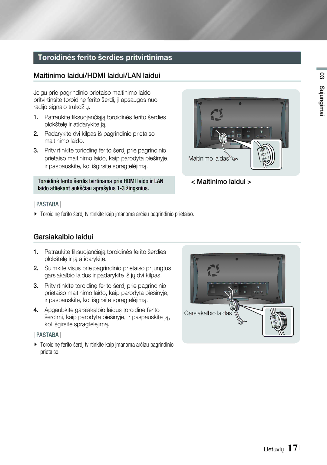 Samsung HT-ES6600/EN, HT-ES6200/EN manual Toroidinės ferito šerdies pritvirtinimas, Maitinimo laidui/HDMI laidui/LAN laidui 