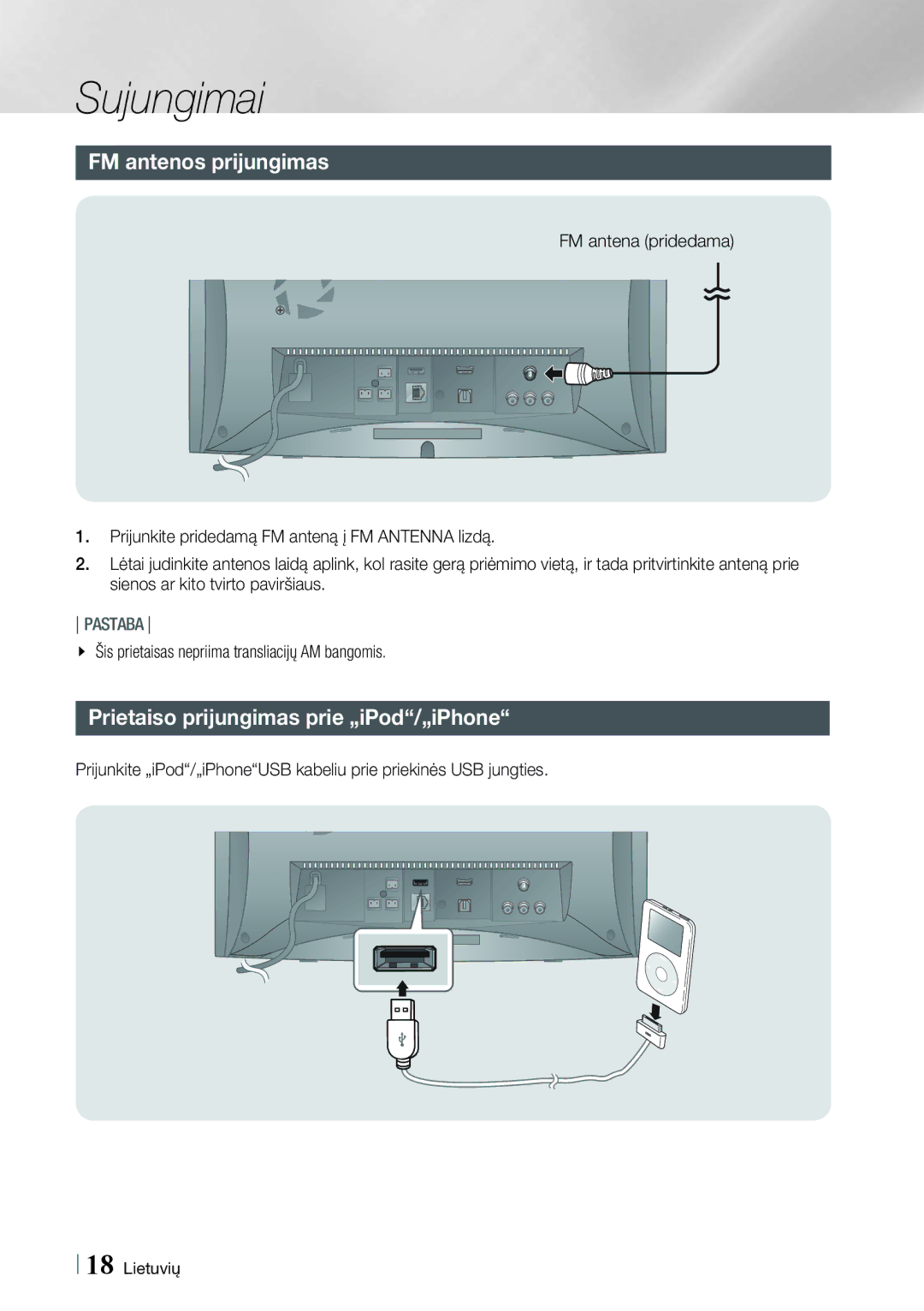 Samsung HT-ES6200/EN, HT-ES6600/EN manual FM antenos prijungimas, Prietaiso prijungimas prie „iPod/„iPhone 