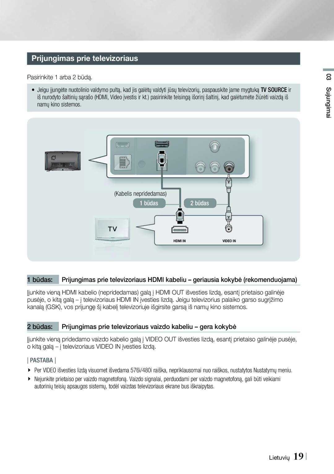 Samsung HT-ES6600/EN, HT-ES6200/EN manual Prijungimas prie televizoriaus, Sujungimai Lietuvių 