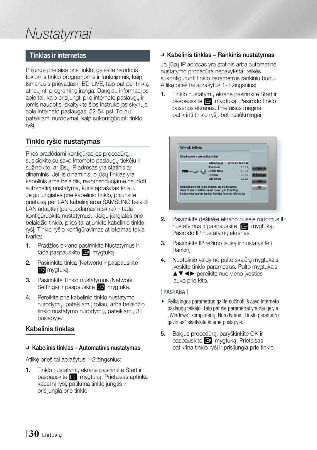 Samsung HT-ES6200/EN, HT-ES6600/EN manual Tinklas ir internetas, Tinklo ryšio nustatymas, Kabelinis tinklas 