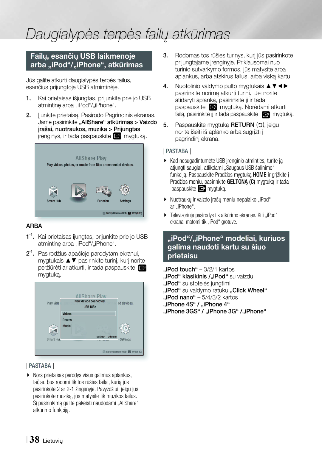 Samsung HT-ES6200/EN, HT-ES6600/EN manual Failų, esančių USB laikmenoje Arba „iPod/„iPhone, atkūrimas 