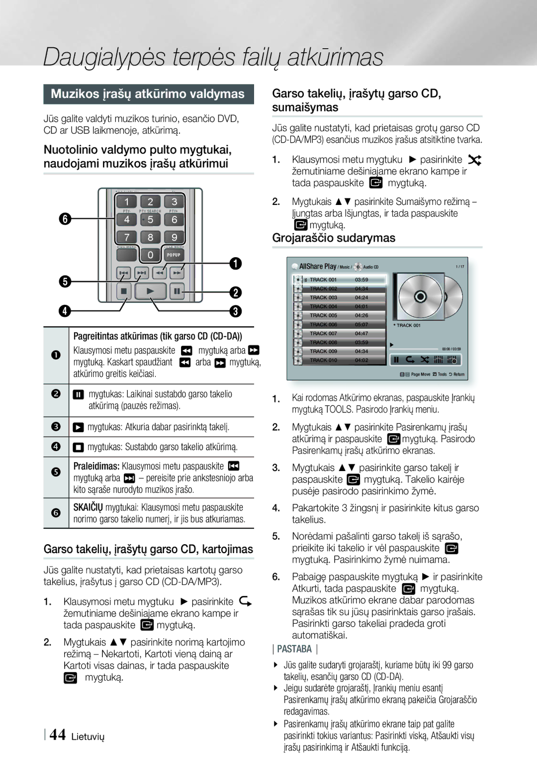 Samsung HT-ES6200/EN Muzikos įrašų atkūrimo valdymas, Garso takelių, įrašytų garso CD, sumaišymas, Grojaraščio sudarymas 