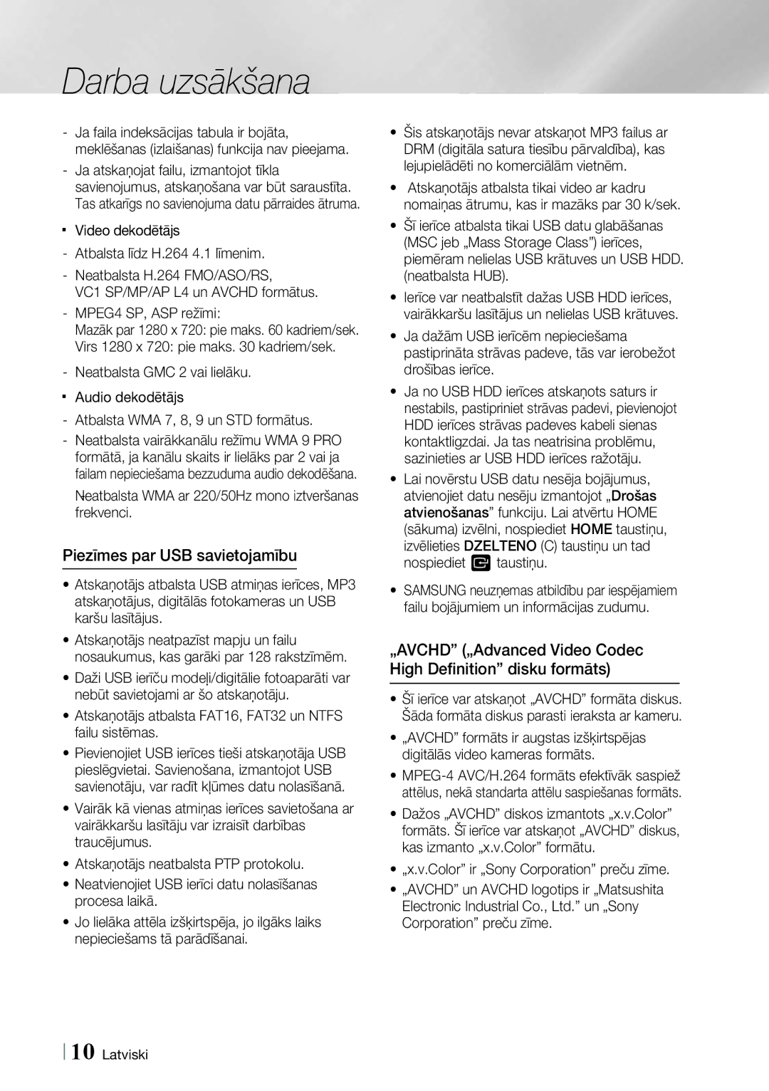 Samsung HT-ES6200/EN manual Piezīmes par USB savietojamību, „AVCHD „Advanced Video Codec High Deﬁnition disku formāts 