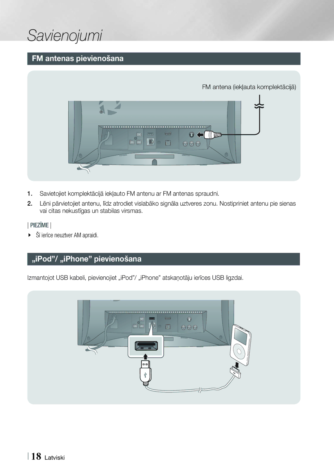 Samsung HT-ES6200/EN, HT-ES6600/EN FM antenas pievienošana, „iPod/ „iPhone pievienošana, Šī ierīce neuztver AM apraidi 