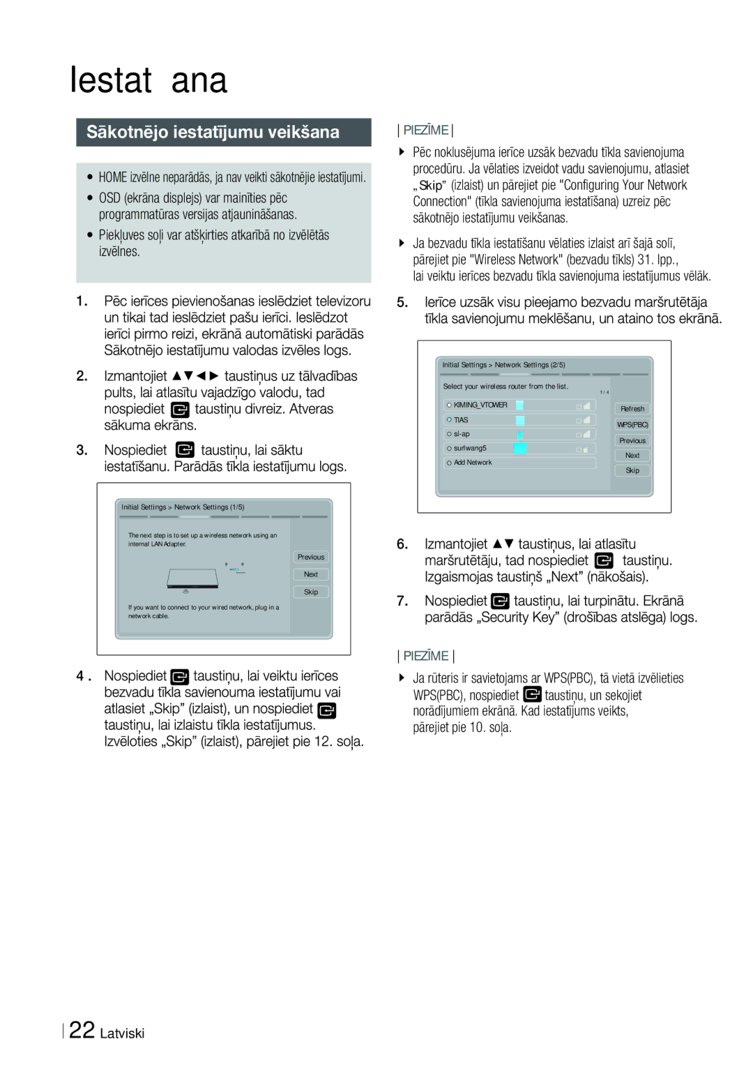 Samsung HT-ES6200/EN, HT-ES6600/EN manual Iestatīšana, Sākotnējo iestatījumu veikšana 