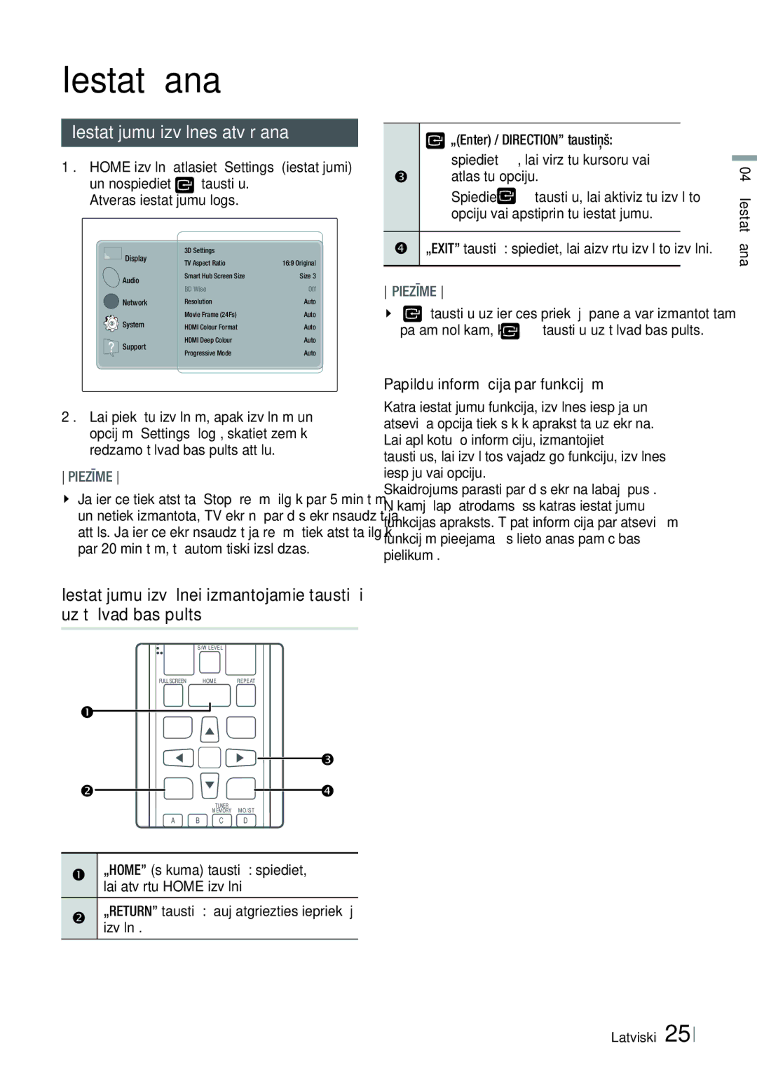 Samsung HT-ES6600/EN, HT-ES6200/EN manual Iestatījumu izvēlnes atvēršana, Home izvēlnē atlasiet „Settings iestatījumi 