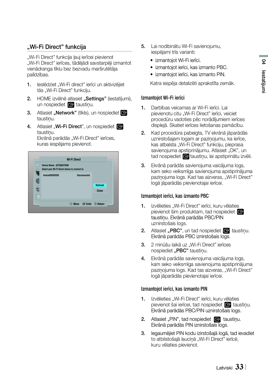 Samsung HT-ES6600/EN „Wi-Fi Direct funkcija, Tad nospiediet, Izmantojot ierīci, kas izmanto PBC, Iestatījumi Latviski 