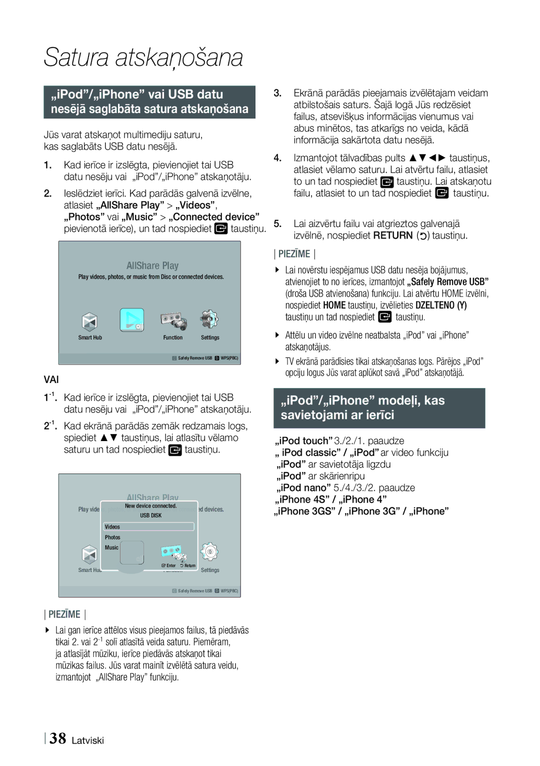 Samsung HT-ES6200/EN manual Satura atskaņošana, „iPod/„iPhone vai USB datu, „iPod/„iPhone modeļi, kas Savietojami ar ierīci 