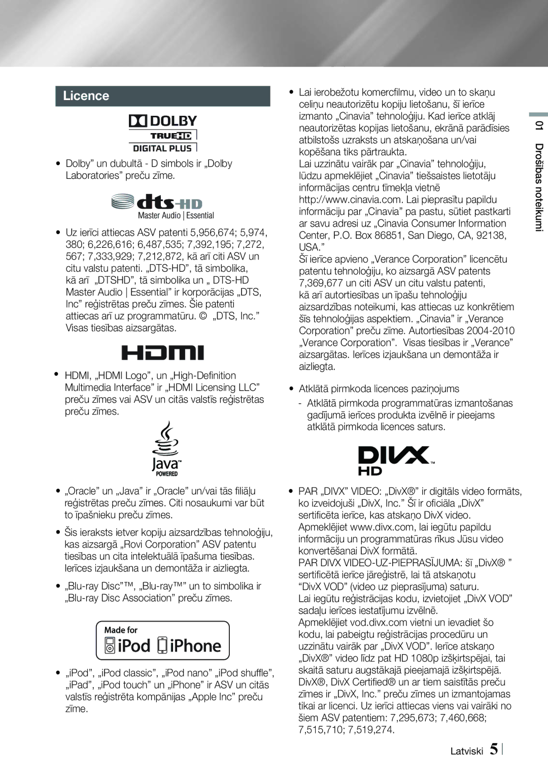 Samsung HT-ES6600/EN, HT-ES6200/EN manual Licence, Atklātā pirmkoda licences paziņojums, 01 Drošības noteikumi Latviski 