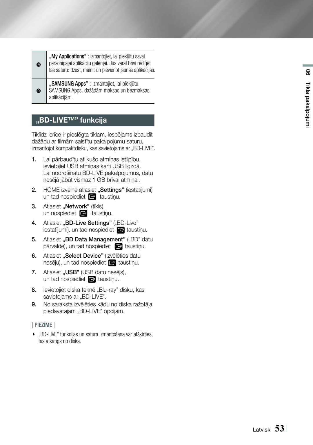 Samsung HT-ES6600/EN „BD-LIVE funkcija, „My Applications izmantojiet, lai piekļūtu savai, 06 Tīkla pakalpojumi Latviski 