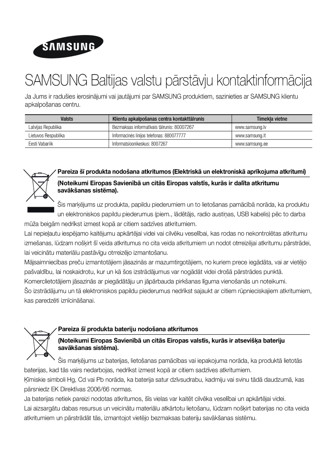 Samsung HT-ES6200/EN, HT-ES6600/EN manual Samsung Baltijas valstu pārstāvju kontaktinformācija 