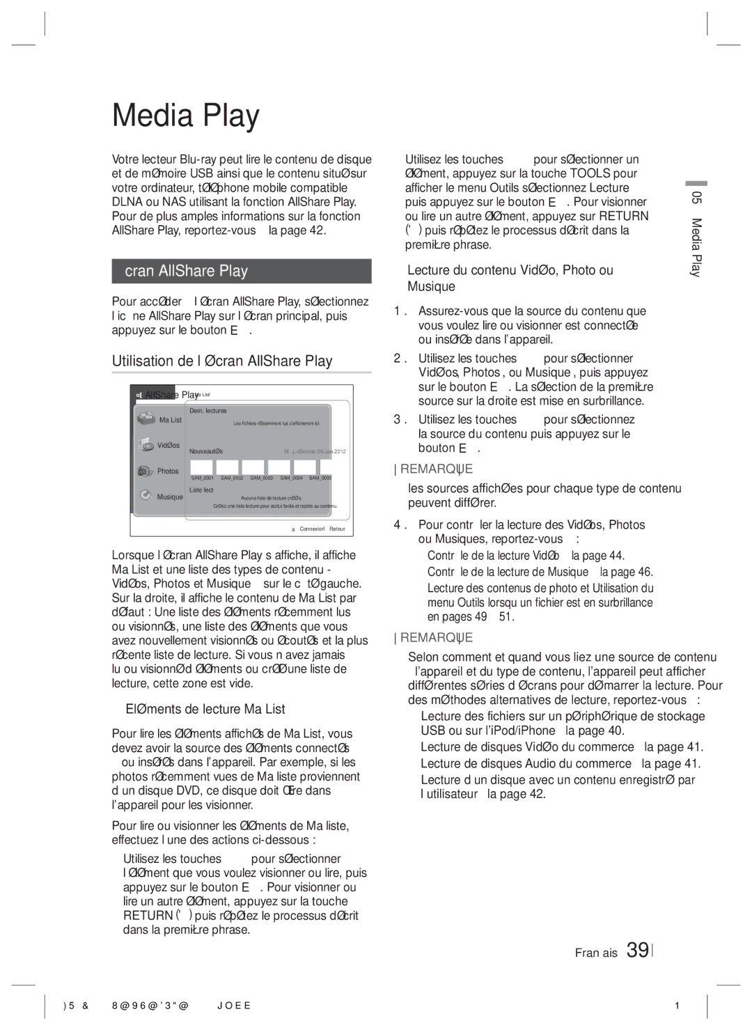 Samsung HT-E6750W/XE, HT-ES6200/XN, HT-E6750W/XN, HT-ES6200/EN Écran AllShare Play, Utilisation de l’écran AllShare Play 