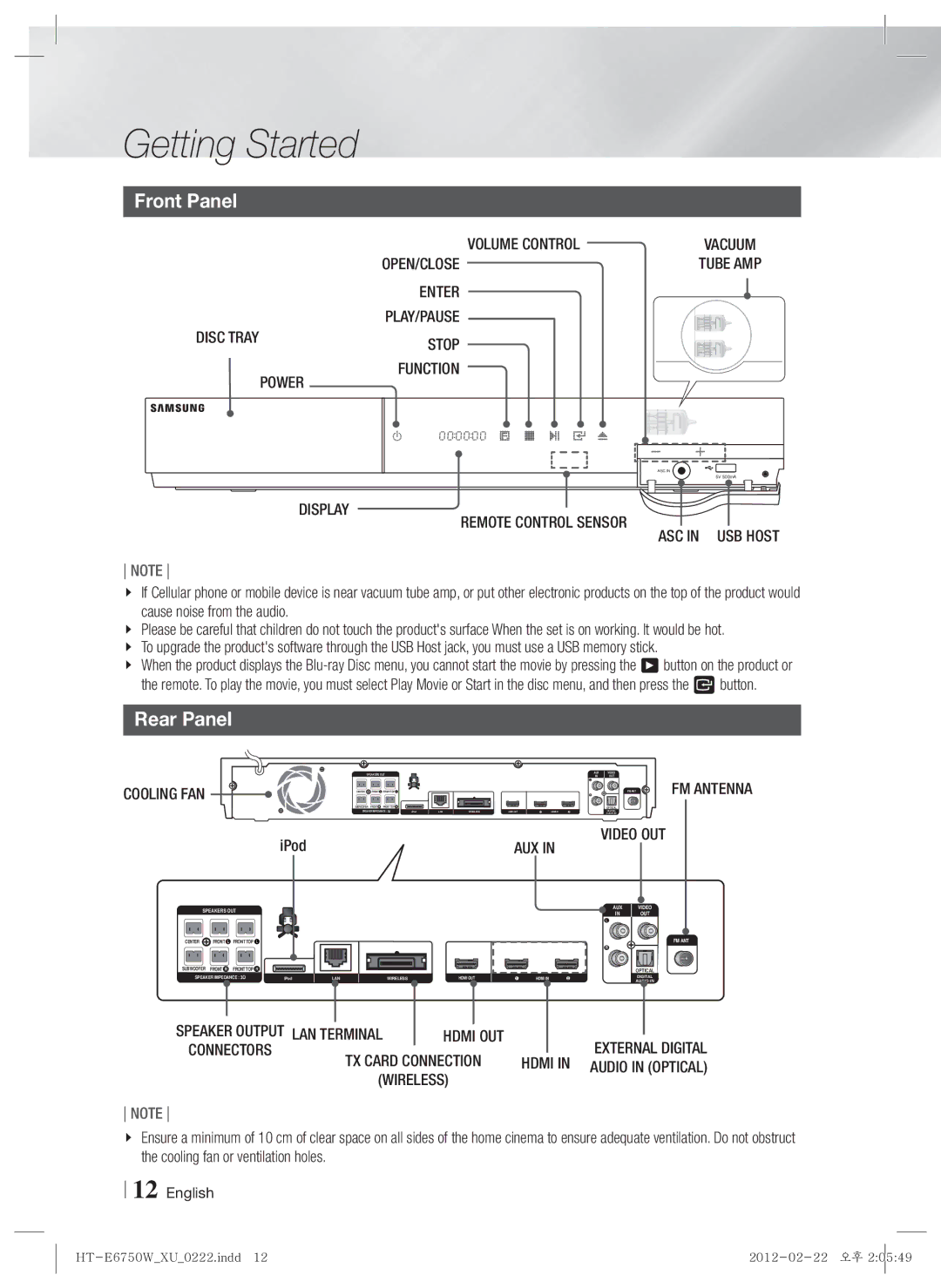 Samsung HT-ES6200/EN, HT-ES6200/XN, HT-E6750W/XN, HT-E6750W/TK, HT-E6750W/EN, HT-ES6200/ZF manual Front Panel, Rear Panel 