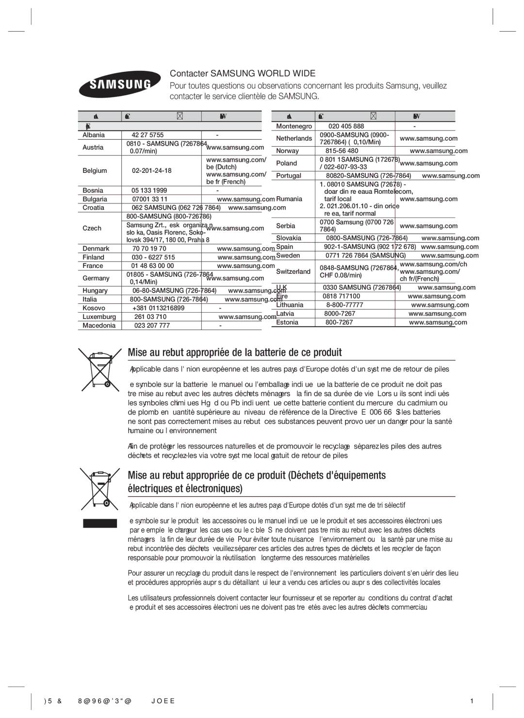 Samsung HT-E6750W/XE manual Mise au rebut appropriée de la batterie de ce produit, Area Contact Centre  Web Site ` Europe 