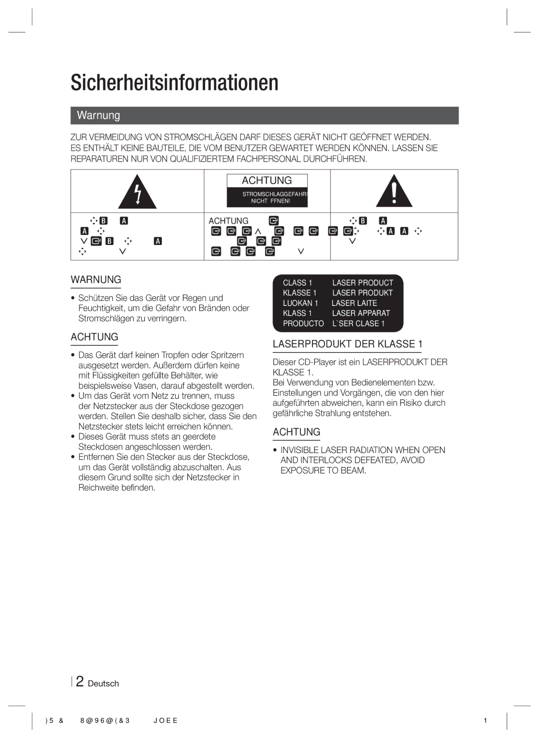 Samsung HT-ES6200/XN Sicherheitsinformationen, Warnung, Dieser CD-Player ist ein Laserprodukt DER Klasse, Produkt hin 