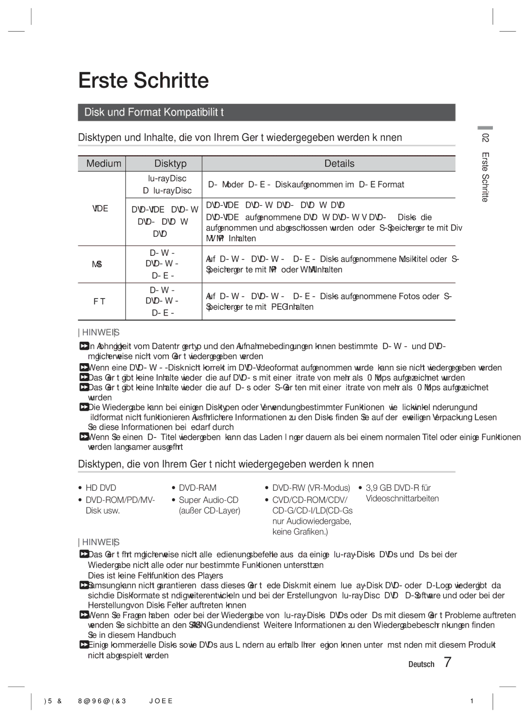 Samsung HT-ES6200/ZF, HT-ES6200/XN, HT-E6750W/XN Erste Schritte, Disk und Format Kompatibilität, Medium Disktyp Details 