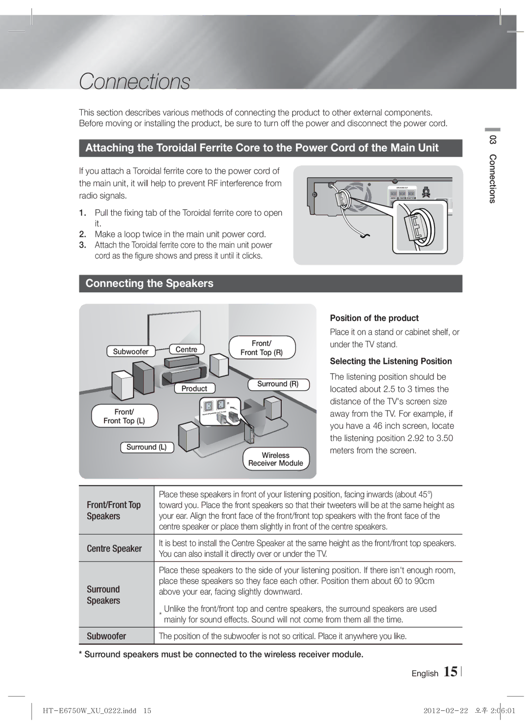 Samsung HT-ES6200/ZF, HT-ES6200/XN, HT-E6750W/XN, HT-ES6200/EN Connections, Connecting the Speakers, Position of the product 