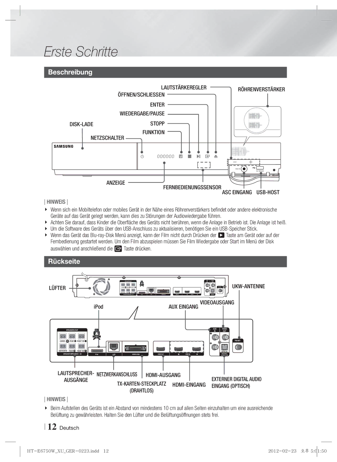 Samsung HT-ES6200/XN, HT-E6750W/XN, HT-ES6200/EN, HT-E6750W/TK, HT-E6750W/EN, HT-ES6200/ZF manual Beschreibung, Rückseite 